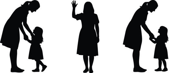 Obraz premium Silhouette of mother and daughter saying goodbye, teacher and student greeting, woman waving hand, parenting and childhood education concept, isolated vector.