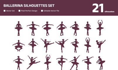 Ballerina silhouettes set with diverse ballet poses and dance movements © Joy