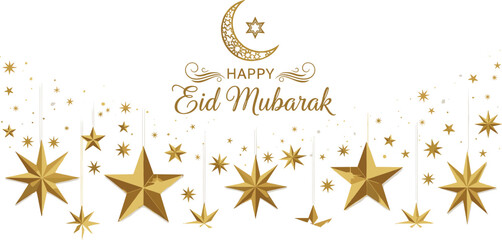 Happy Eid Mubarak greeting card with golden crescent moon star, festive typography artwork design, Islamic holiday celebration concept, cultural religious decorative illustration © MstTaslina