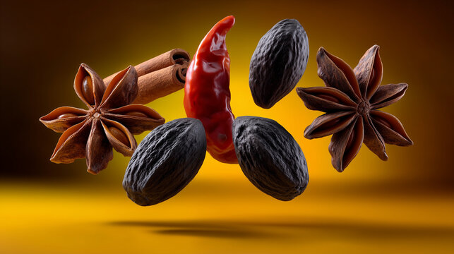 Spices Suspended Mid-Air Macro Photography with Golden Backlight

