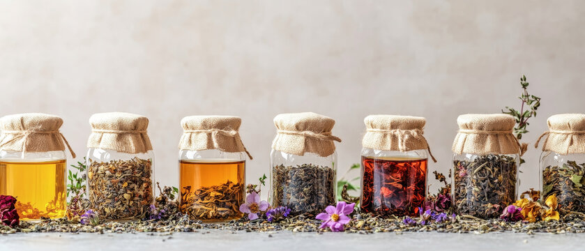 Jars filled with herbal tea and dried flowers arranged in a line, showcasing natural wellness and aromatic diversity
