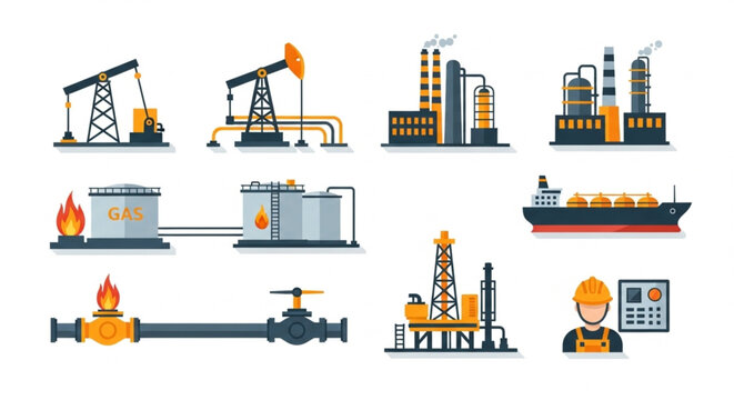 Oil Refinery Industry Equipment Icons.