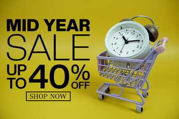 MId Year Sale 40% off Promotion and Marketing with trolley shopping cart and alarm clock on yellow...