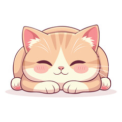 Fototapeta premium A cute, stylized ginger tabby kitten resting peacefully with closed eyes and rosy cheeks, depicted in a simple cartoon art style with soft, warm tones against a clean white background