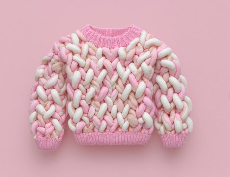 a soft pink and white sweater made of fluffy marshmallow treats. playful fusion concept of food and fashion