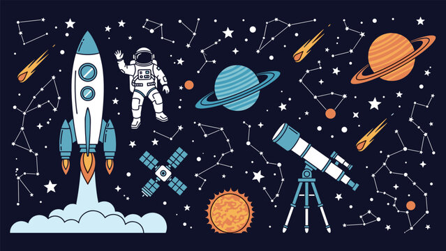 Action packed outer space scene includes a launching rocket, a waving astronaut, and various planets and stars.