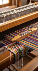 A wooden loom with a colorful fabric being woven