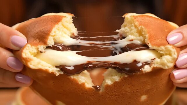 Close up of hands breaking open a delicious chocolate filled pancake.