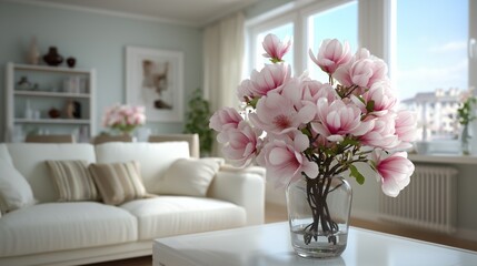 Fototapeta premium Elegant Arrangement of Pink Magnolia Flowers in a Glass Vase Within a Cozy Living Space with Natural Light