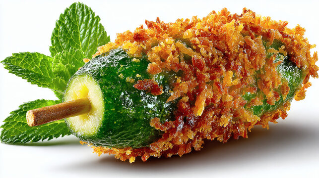 Breaded pickle spear with mint garnish