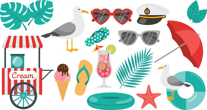 Summer beach vacation icons collection with seagull, sunglasses, umbrella, ice cream cart, cocktail drink, flip flops and tropical leaves vector set