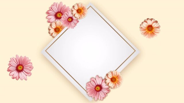 floral frame video featuring pink and peach flowers surrounding a diamond-shaped blank frame on a soft pastel background. Perfect for wedding invitations, spring themes, decorative  with copy space