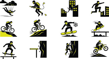 Collection of extreme sports icons dynamic vector illustrations for adventure and action concepts isolated on white background © Naveed
