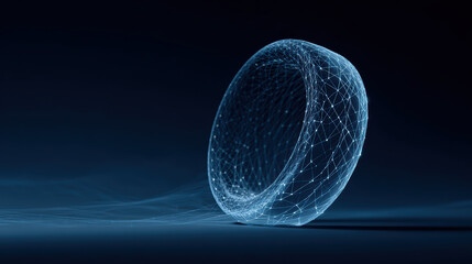 Futuristic glowing blue car tire wireframe technology with digital polygon mesh rim on dark modern background symbolizing innovation