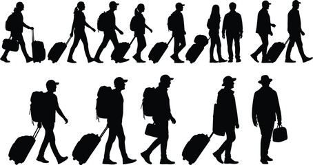 Fototapeta premium Set of travelers silhouettes with suitcases and backpacks walking isolated on white background, group of people traveling vector illustration.