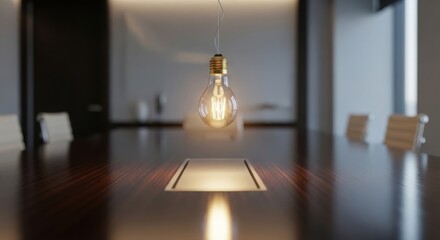 Obraz premium A single, glowing idea bulb made of intricate glass filaments, suspended over a minimalist conference table