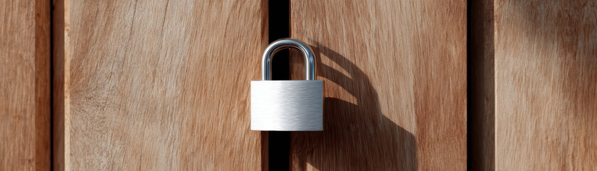 White metal padlock securing closed wooden door planks representing safety and privacy with strong security protection concept