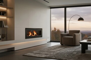 Fototapeta premium Modern living room with fireplace, large windows, and minimalist furniture overlooking a scenic view at dusk