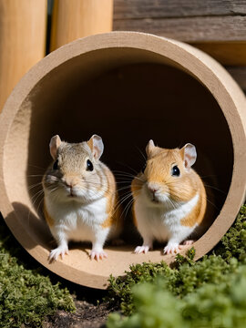 Two gerbils sit outside their enclosure, ready to explore