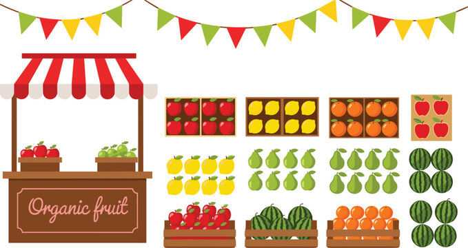 Organic fruit market stall with fresh apples, pears, lemons, oranges and watermelons in wooden crates colorful farmers market vector illustration