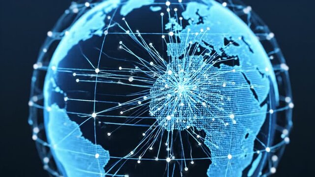 Digital globe network with glowing connection lines radiating from central hub across continents conveying global data flow connectivity technology hub continent global connection data connectivity