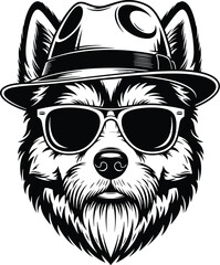 Cool husky dog silhouette illustration, fedora hat artwork design, sunglasses fashion graphic, stylish pet symbol drawing, anthropomorphic canine artwork, black white © MstTaslina