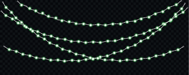 Illuminated string lights with glowing white and green bulbs cascade across a transparent dark background high-quality © Kamal Hosen