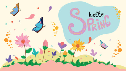Fototapeta premium Horizontal vector illustration of spring, flowers, and butterflies.
