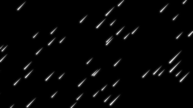 meteorites rain video streaks of light fall like rain against black. 4K animated shooting star for cinematic motion graphics, overlays, Meteor rain falling animation
