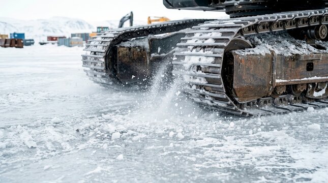 Excavator tracks moving on ice and snow. Heavy machinery working in winter conditions