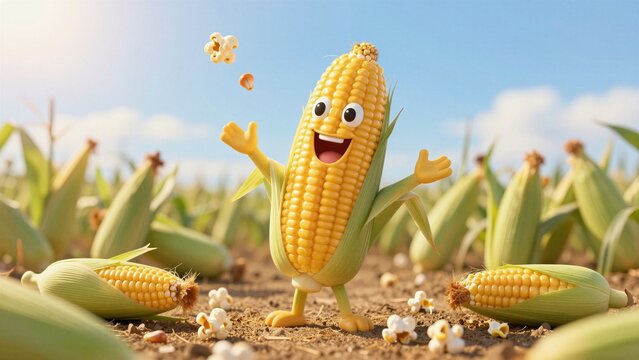 A joyful animated corn character leaps in a field, throwing popcorn into the air against a bright blue sky.