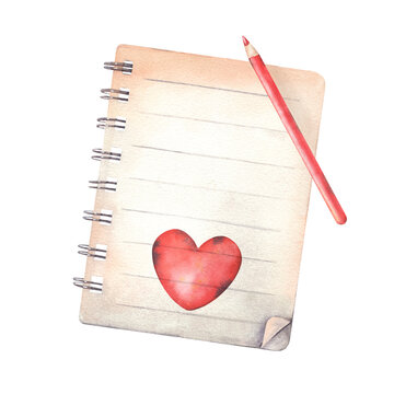 Lined notebook with drawn heart and red pencil. Hand-painted watercolor illustration isolated on white. Perfect for love notes, romantic messages, invitations, school design, planners, cards.