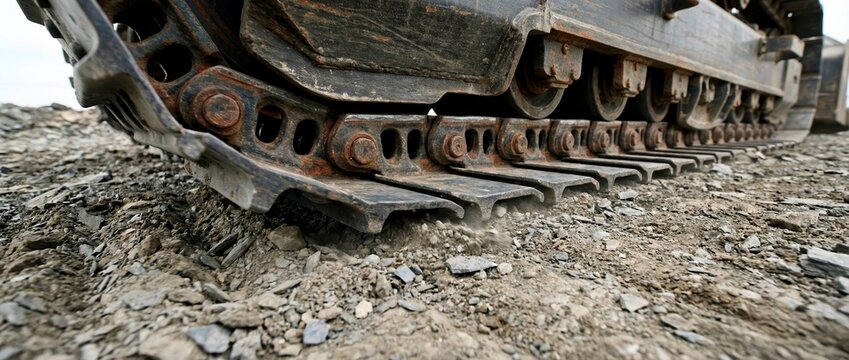 Close-up of heavy machinery tracks on rocky ground. Metal caterpillar treads of a bulldozer or excavator at a construction site
