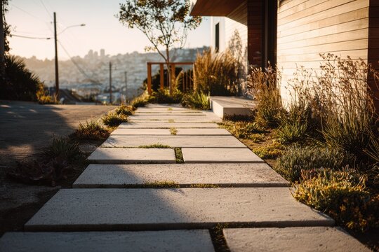 Offset concrete pavers form a stylish front path with drought-tolerant landscaping