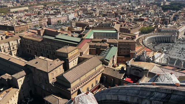 Panoramic aerial view of Rome with St. Peter square, Sistine Chapel and Vatican museums with counryard in Rome, Italy