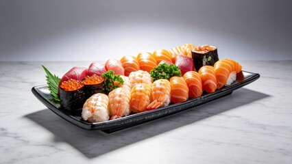 Fresh Sushi Platter with Salmon Tuna Shrimp and Roe on Marble Table Japanese Cuisine Healthy Food Gourmet Meal Restaurant Quality Food Photography Culinary Art,Art,Art,Art