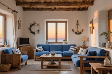 Fototapeta premium Cozy living room with blue sofas, wooden furniture, and nautical decor overlooking a sunset view