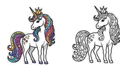 Cute magical unicorn with rainbow mane and crown. Colorful and black and white line art vector versions for kids coloring book page. © MstTabassum