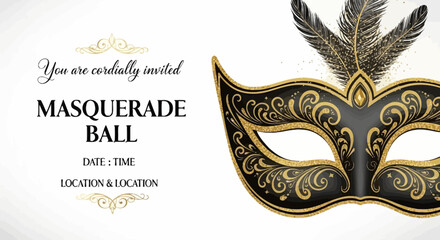 Elegant masquerade mask with feathers invitation card for a mysterious ball event at a luxurious location © john
