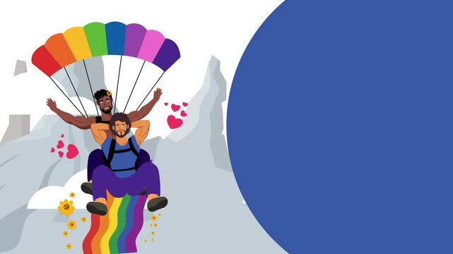 Gay Couple Skydiving Together Holding Colorful Rainbow Parachute Flag