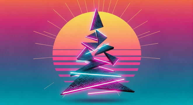 A modern and minimalist graphic of a Christmas tree in a vibrant 80s synthwave style. The abstract tree, made of glowing horizontal lines, is set against a large retrowave sun on a pink and orange gra
