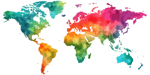 An abstract watercolor world map illustration featuring colorful paint splashes across a global atlas of continents and countries for travel and business design © RASEL