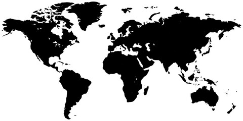 A global vector illustration of the world map on a black background featuring detailed continents and countries from Europe and Asia to North and South America for business travel and geography © RASEL