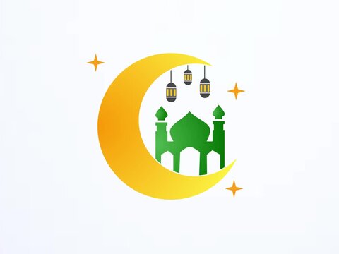Animation of a mosque decorated with a crescent moon and stars.