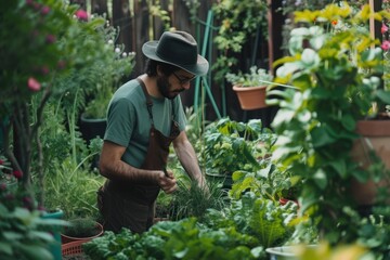 Naklejka premium Man gardening outdoors nature plant.