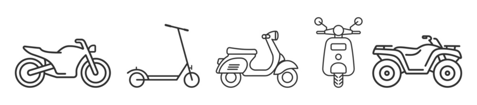 Motorcycle and scooter icon set, bike, moped, kick scooter and atv outline symbols isolated on transparent background