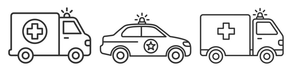 Emergency vehicles icon set, ambulance van and police car outline editable stroke vector isolated on transparent background © Polyak Tata