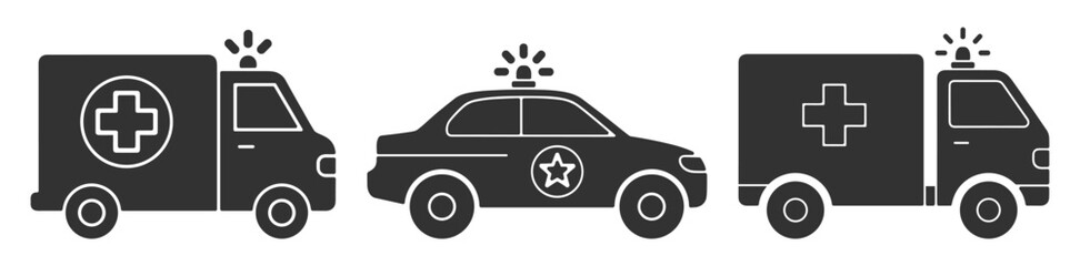 Emergency vehicles icon set, ambulance van and police car solid silhouette glyph vector isolated on transparent background © Polyak Tata