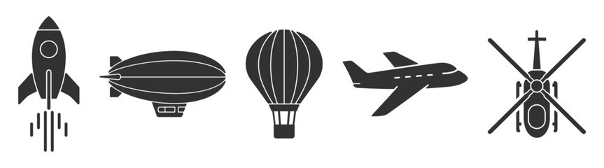 Aircraft and space transport icons, rocket airplane helicopter airship and balloon outline vector collection isolated on transparent background © Polyak Tata