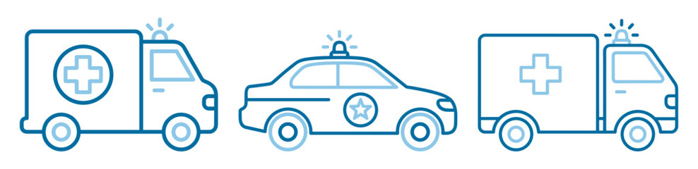 Ambulance and police car icons, emergency medical and patrol vehicles solid glyph vector collection isolated on transparent background © Polyak Tata